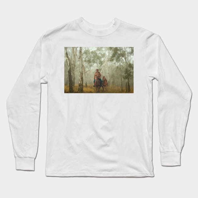 Australian Stockman in Foggy Eucalyptus Forest Long Sleeve T-Shirt by Mark Richards